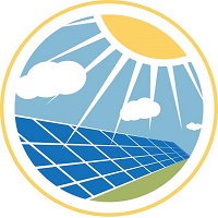 Solar panels, sun, clouds. Round icon